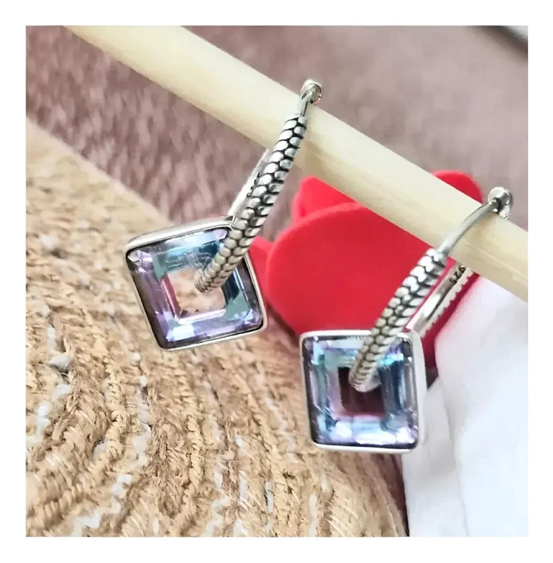 AROS DE PLATA 925 CON DISEÑO TRENZADO Y CRISTAL IRIDISCENTE - 3