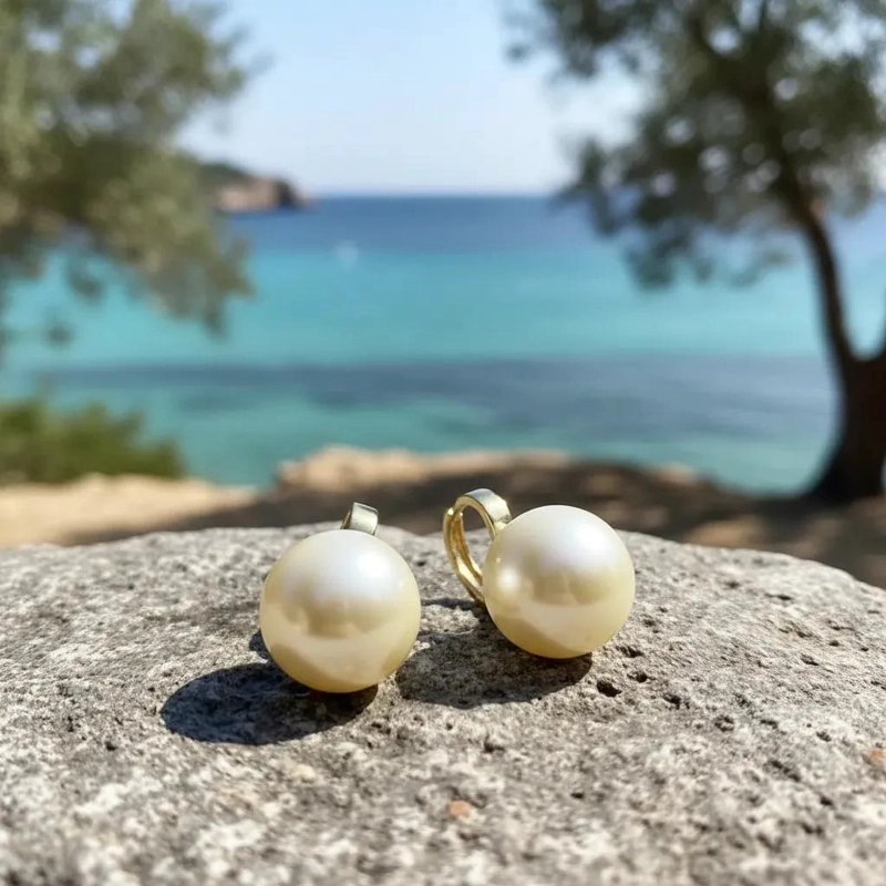 AROS DE BAÑO DE ORO 18K CON PERLA DE 12MM ELEGANTES - 1