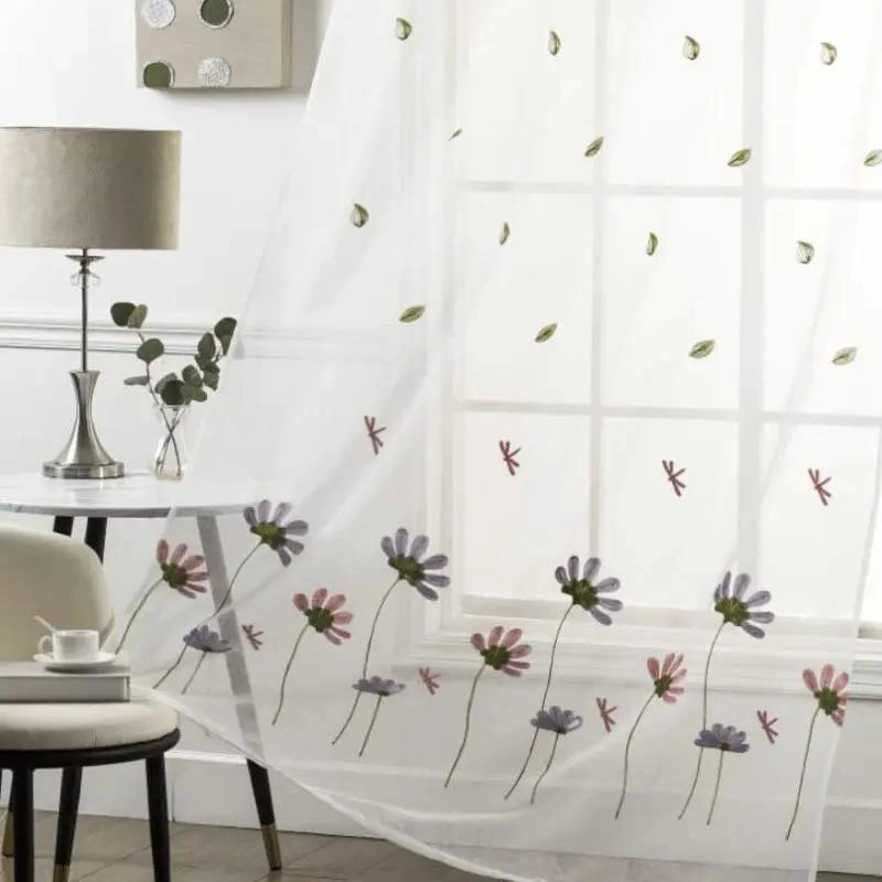 VISILLOS DE LINO BLANCO CON BORDADO DE FLORES LILA 230X140CM - 1