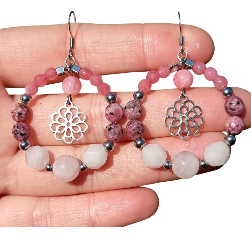 AROS DE ACERO QUIRURGICO CON PIEDRAS NATURALES AGATA Y CUARZO ROSA - 1