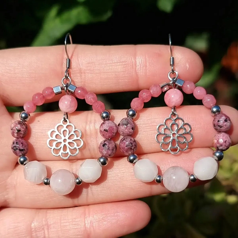 AROS DE ACERO QUIRURGICO CON PIEDRAS NATURALES AGATA Y CUARZO ROSA - 2