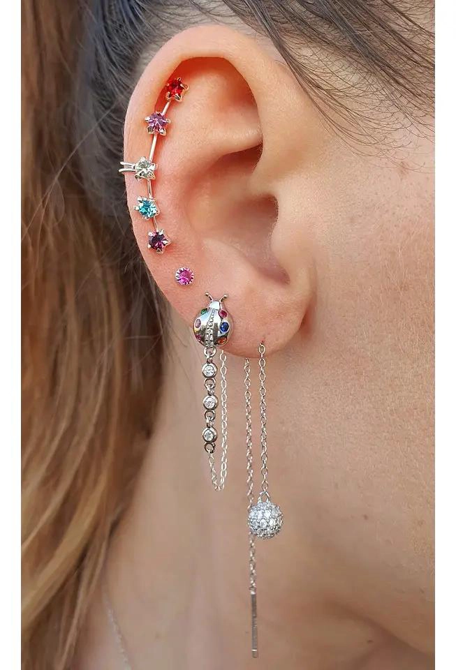 PENDIENTES LARGOS DE CADENA CON ESFERA EN PLATA 925 - 2