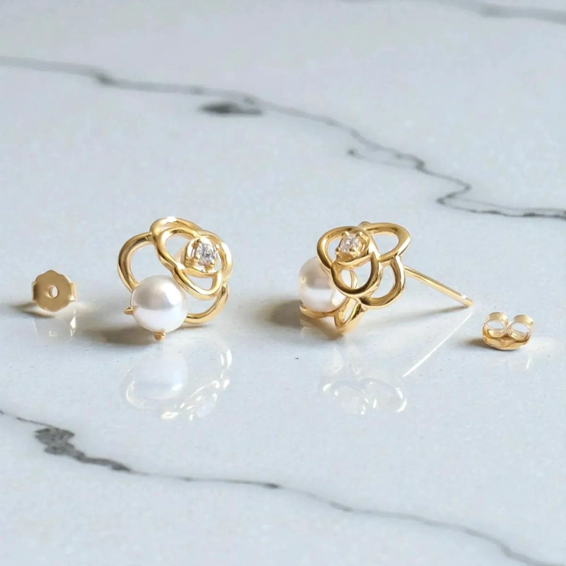 AROS DE PLATA 925 CON BAÑO DE ORO Y PERLA BLANCA - 2