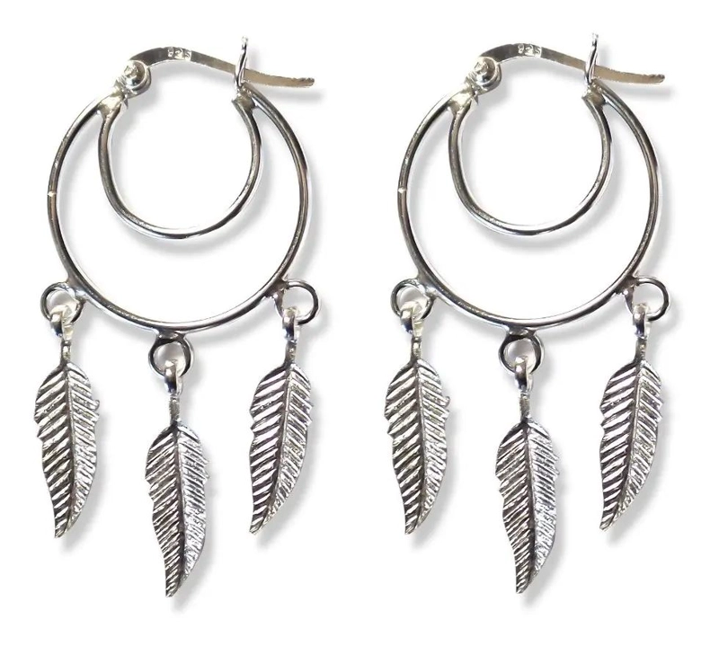 AROS DE PLATA FINA 925 CON DISEÑO DE LUNA Y PLUMAS - 1
