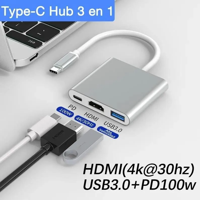 CABLE CONVERTIDOR HUB USB TIPO C 3 EN 1 HDMI PARA CONEXIONES RAPIDAS - 5