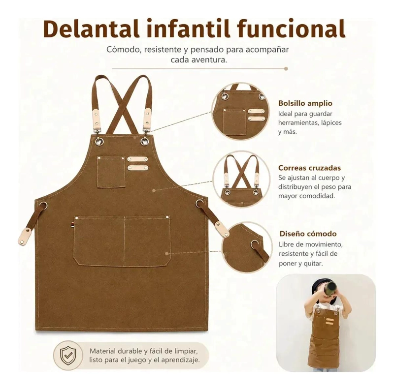 DELANTAL INFANTIL MARRON PARA COCINAR Y PINTAR - 5