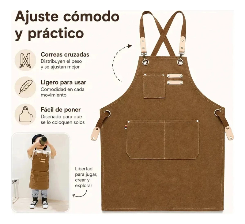 DELANTAL INFANTIL MARRON PARA COCINAR Y PINTAR - 6