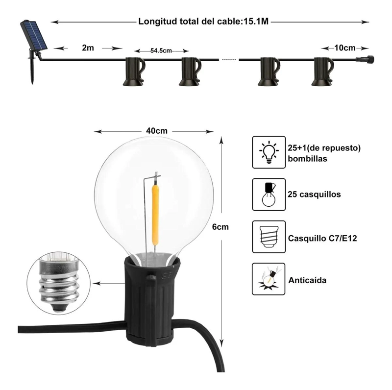GUIRNALDA SOLAR LED DE 15M CON CONTROL REMOTO Y 25 AMPOLLETAS - 2