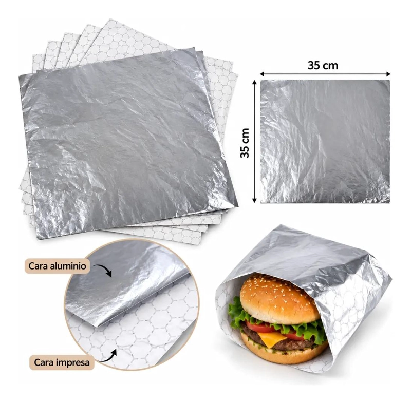 PAPEL ALUMINIO ANTIGRASA PARA HAMBURGUESAS 35X35 CM IDEAL PARA COMIDAS - 1