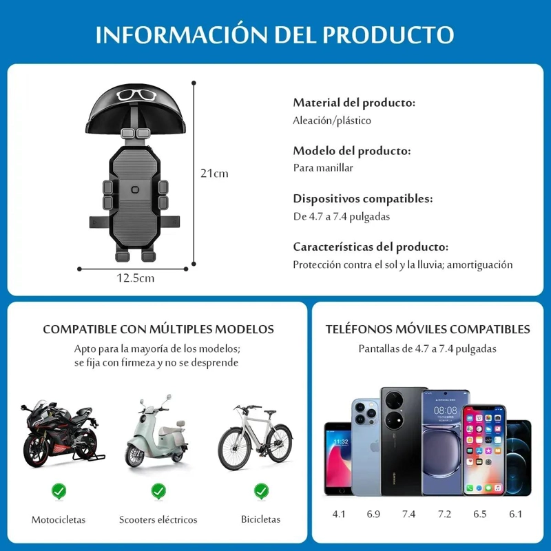 SOPORTE IMPERMEABLE PARA TELE FONO CON PARASOL PARA MOTOS Y BICICLETAS - 3