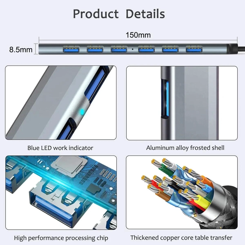 HUB USB 7 EN 1 CON 6 PUERTOS PARA PC Y NOTEBOOK - 6
