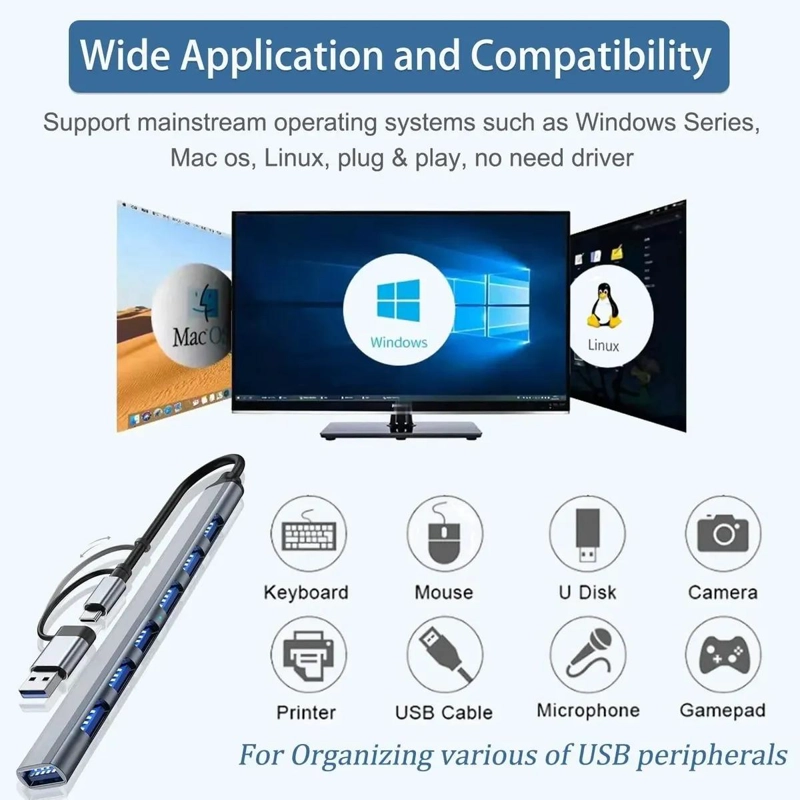 HUB USB 7 EN 1 CON 6 PUERTOS PARA PC Y NOTEBOOK - 7