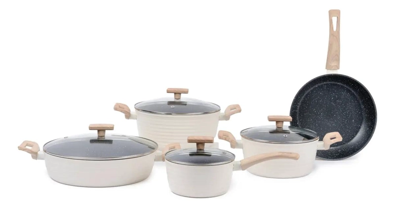BATERIA DE COCINA ANTIADHERENTE DE 9 PIEZAS COLOR CREMA - 1