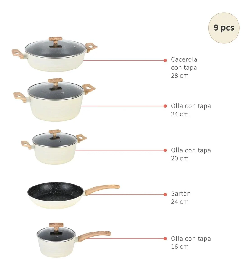 BATERIA DE COCINA ANTIADHERENTE DE 9 PIEZAS COLOR CREMA - 4