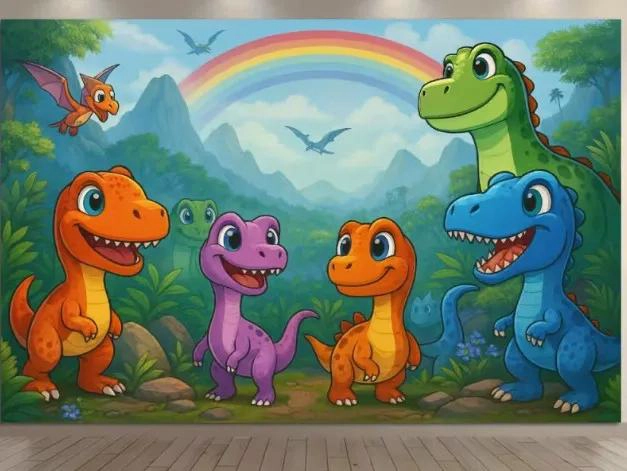 PENDON TELON DE TELA CON DISEÑO DE DINOSAURIOS PARA CUMPLEAÑOS - 1