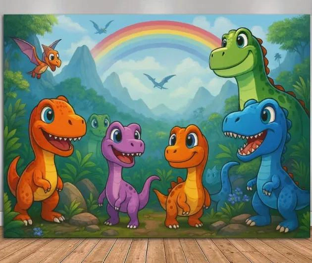 PENDON TELON DE TELA CON DISEÑO DE DINOSAURIOS PARA CUMPLEAÑOS - 3