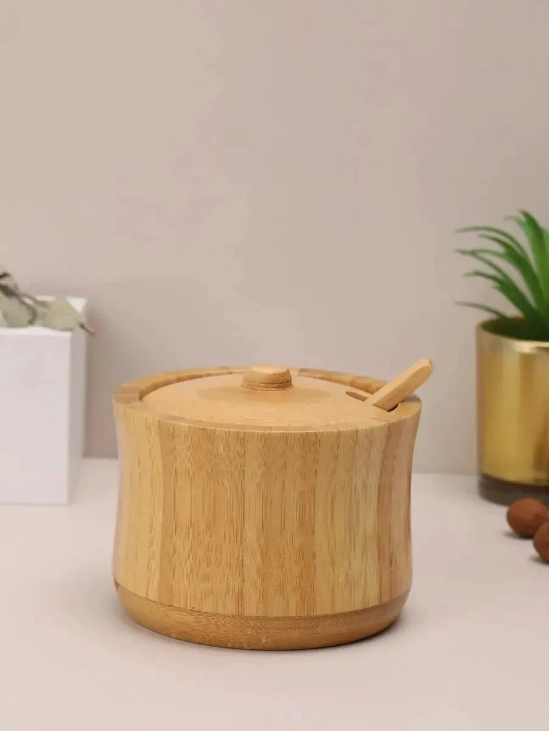 TARRO DE BAMBU CON TAPA Y CUCHARA PARA AZUCAR EN COCINA - 2