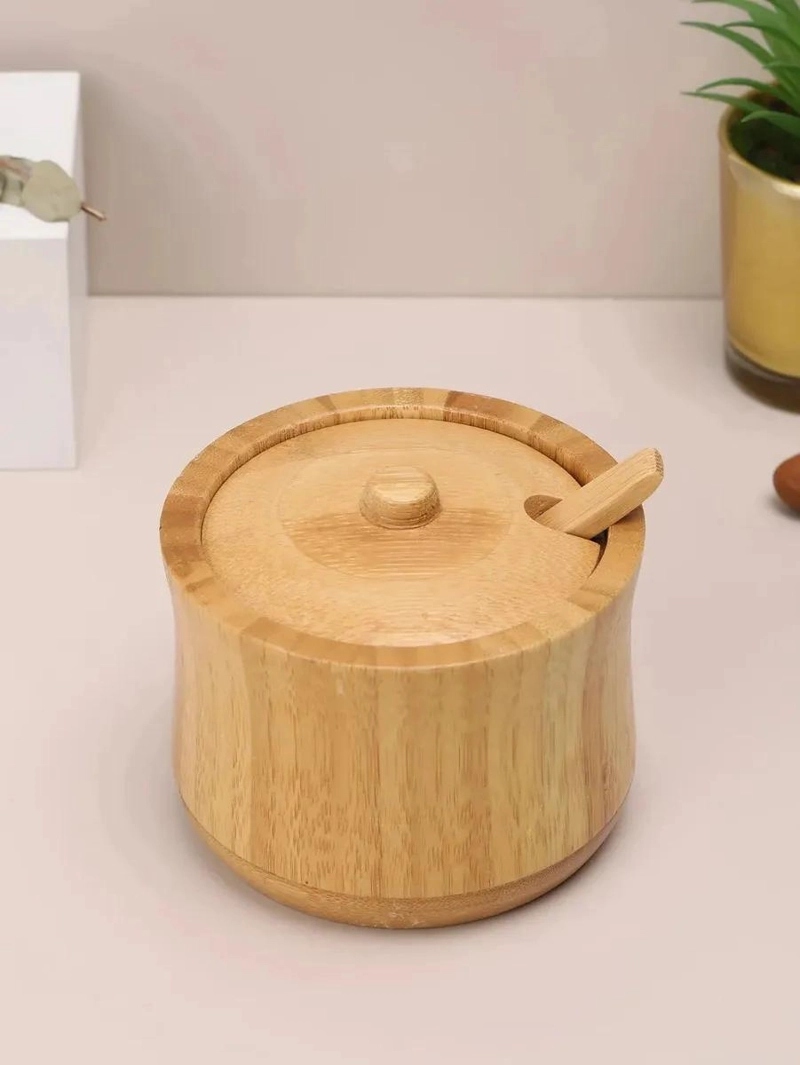 TARRO DE BAMBU CON TAPA Y CUCHARA PARA AZUCAR EN COCINA - 3