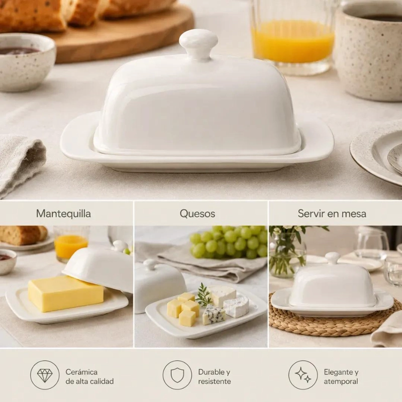 MANTEQUILLERA CERAMICA TIPO DOMO CON BASE Y TAPA BLANCA - 8