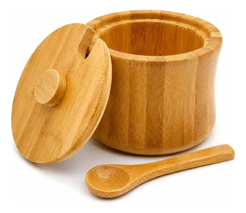 TARRO DE BAMBU CON TAPA Y CUCHARA PARA AZUCAR EN COCINA - 1