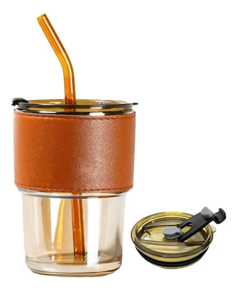 VASO DE VIDRIO CON TAPA HERME TICA Y BOMBILLA DE 400 ML - 1