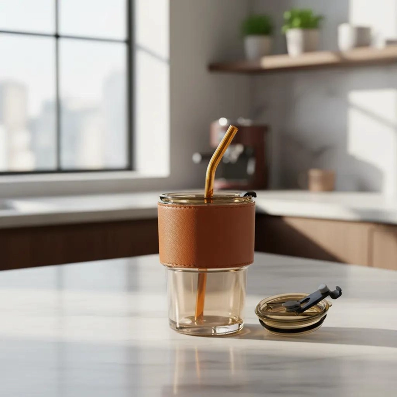 VASO DE VIDRIO CON TAPA HERME TICA Y BOMBILLA DE 400 ML - 3