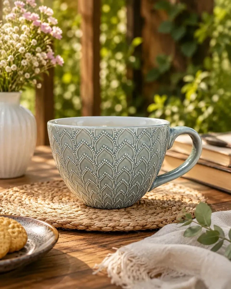 TAZA CILINDRICA MANDALA DE CERAMICA CELESTE 350 ML - 1