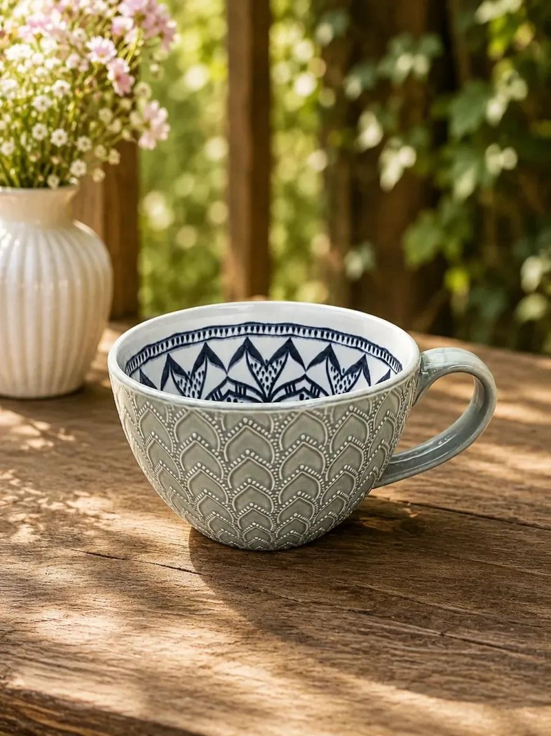 TAZA CILINDRICA MANDALA DE CERAMICA CELESTE 350 ML - 2
