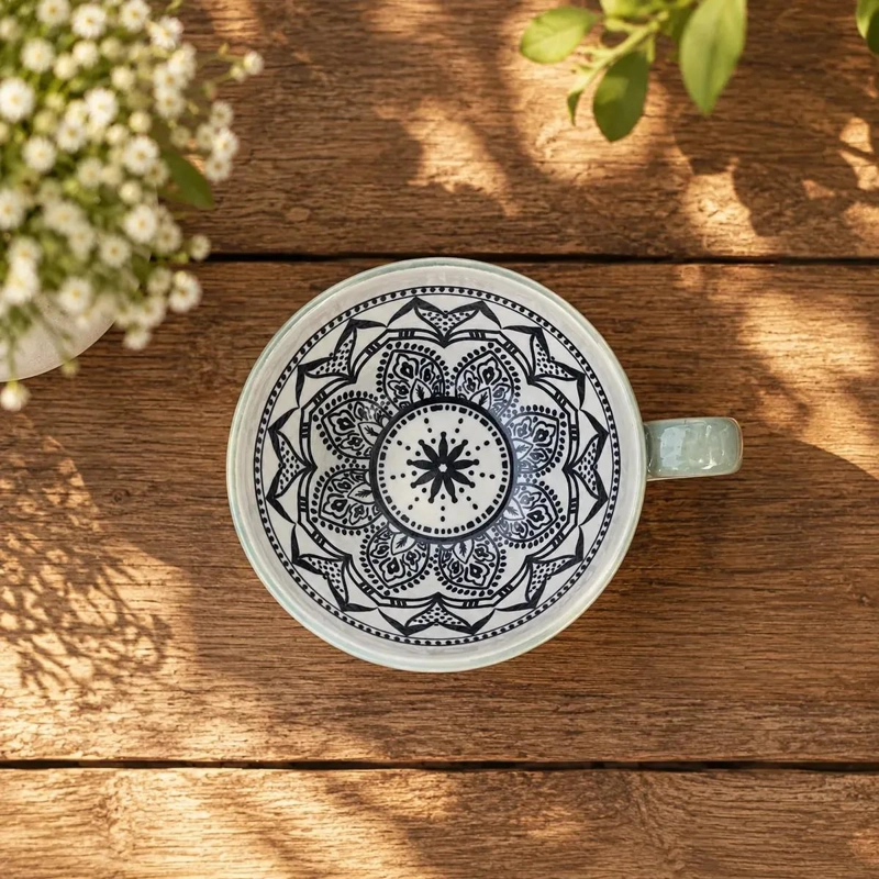 TAZA CILINDRICA MANDALA DE CERAMICA CELESTE 350 ML - 3