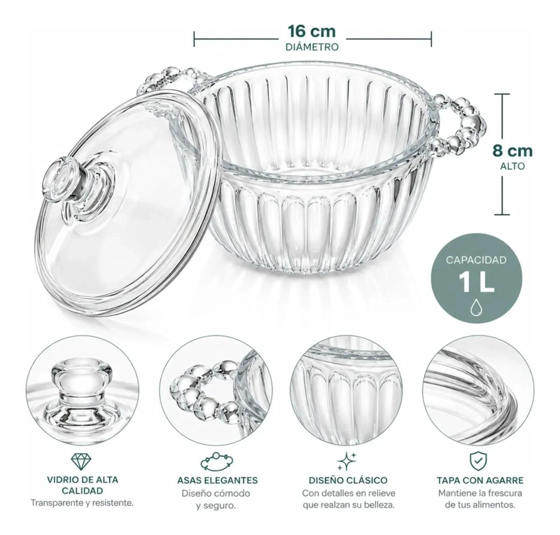 FUENTE DE VIDRIO CON TAPA DE 1 LITRO PARA ALIMENTOS - 4