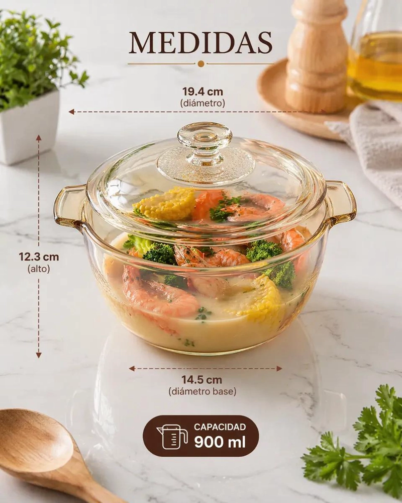 OLLA DE VIDRIO 900ML CON TAPA RESISTENTE AL CALOR - 4