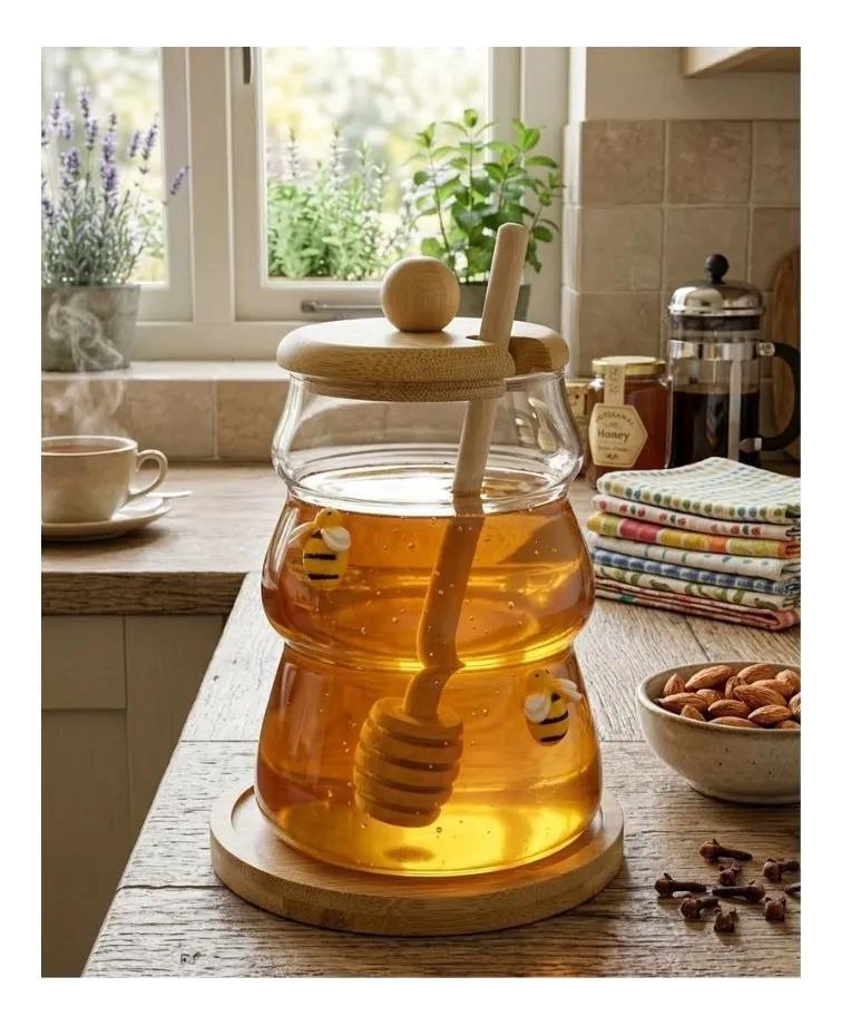 FRASCO DE VIDRIO PARA MIEL CON TAPA DE BAMBU Y DIPPER - 4