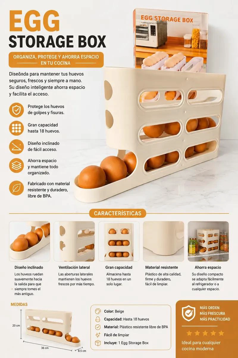 DISPENSADOR ORGANIZADOR DE HUEVOS PARA 18 UNIDADES EN COCINA - 3