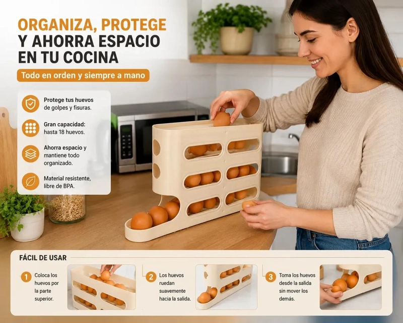 DISPENSADOR ORGANIZADOR DE HUEVOS PARA 18 UNIDADES EN COCINA - 4