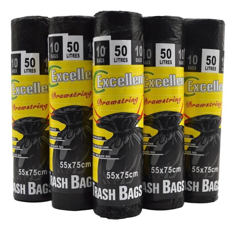 PACK DE 50 BOLSAS NEGRAS PARA BASURA CON CORDON DE 55X75CM - 1