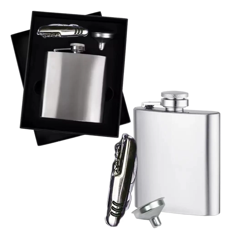 PETACA DE ACERO INOXIDABLE DE 8OZ CON EMBUDO Y NAVAJA MULTIUSOS - 1