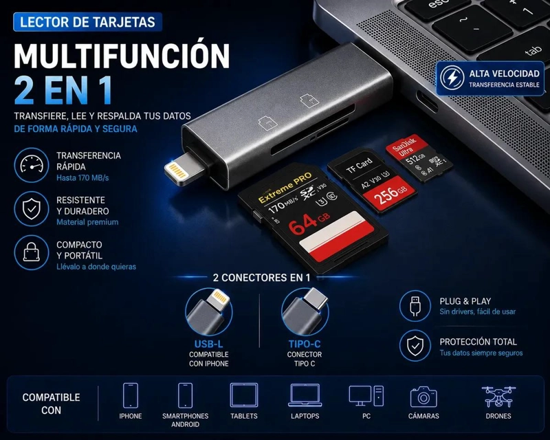 LECTOR DE TARJETAS SD Y TF CON USB C Y USB L - 2