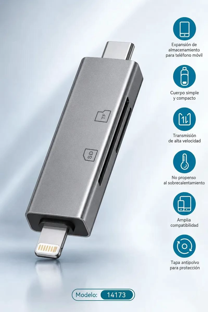 LECTOR DE TARJETAS SD Y TF CON USB C Y USB L - 3