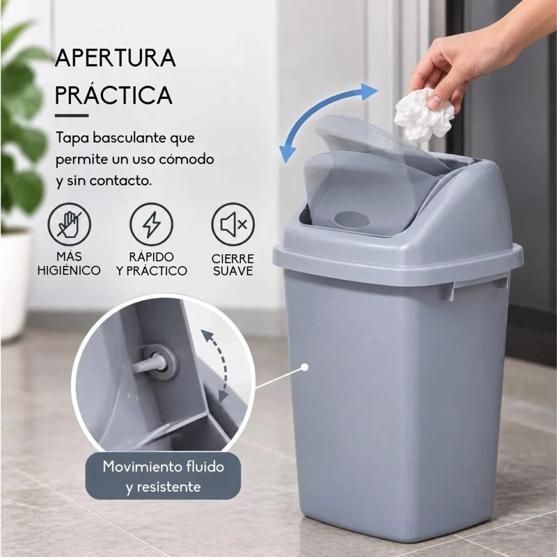 BASURERO PLASTICO CON TAPA VAIVE N PARA COCINA Y OFICINA - 5