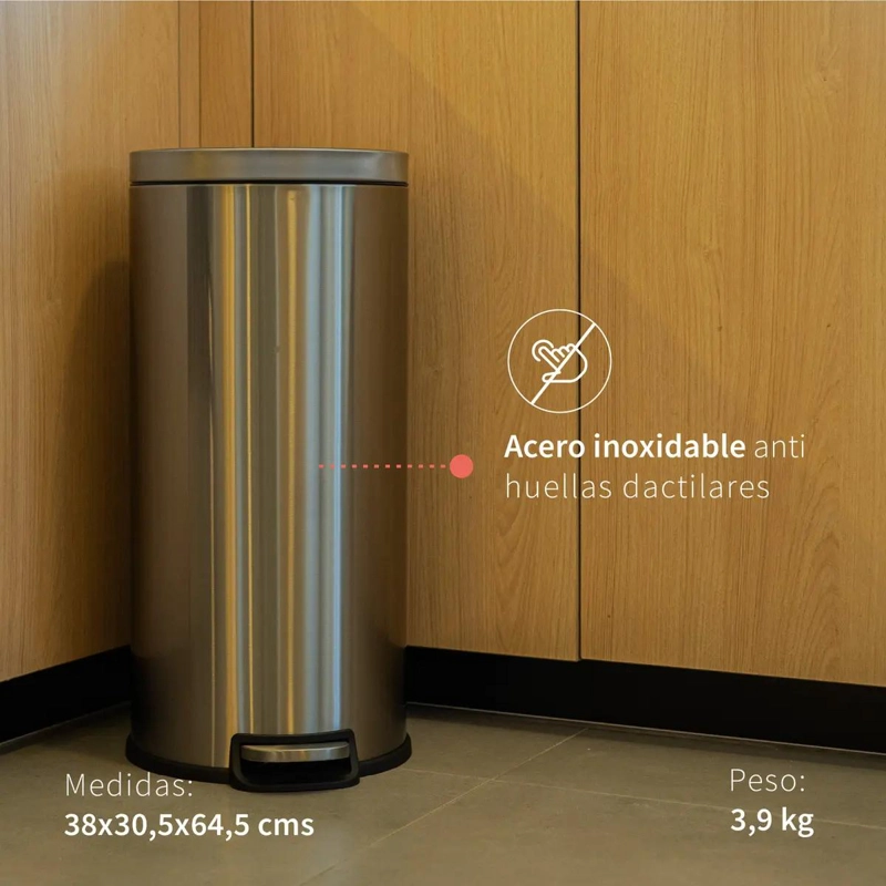 BASURERO PEDAL DE COCINA 30 LITROS ACERO INOXIDABLE - 2
