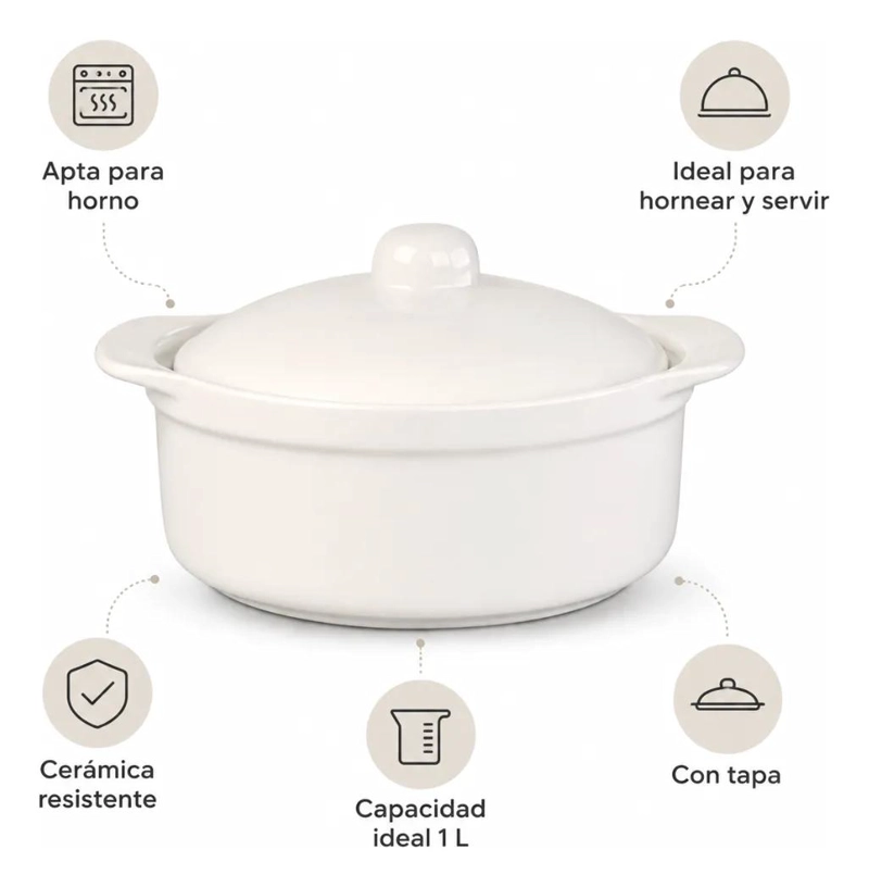OLLA FUENTE CERAMICA CON TAPA PARA HORNEAR Y SERVIR 1 LITRO - 5