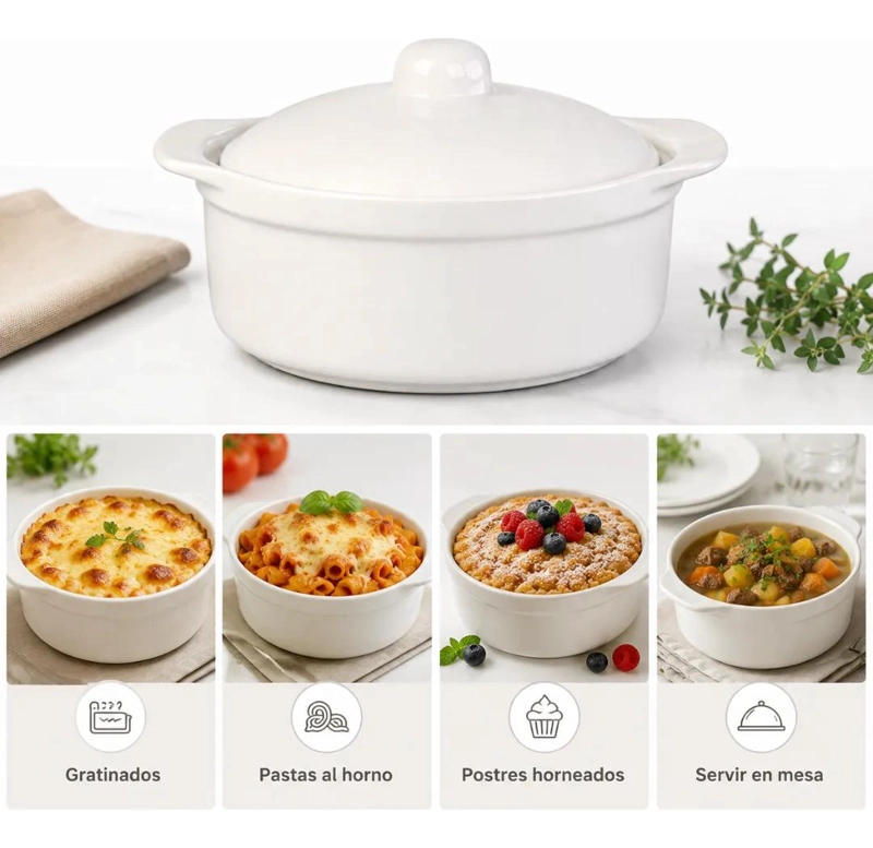 OLLA FUENTE CERAMICA CON TAPA PARA HORNEAR Y SERVIR 1 LITRO - 8