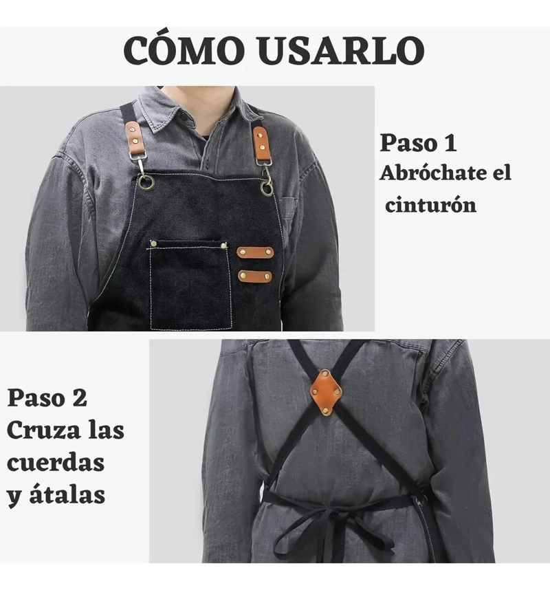 DELANTAL DE COCINA DE LONA DE ALGODON CON BOLSILLOS Y CORREAS AJUSTABLES - 5