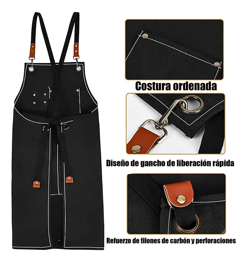 DELANTAL AJUSTABLE DE LIENZO CON BOLSILLOS PARA COCINA Y TALLER - 4