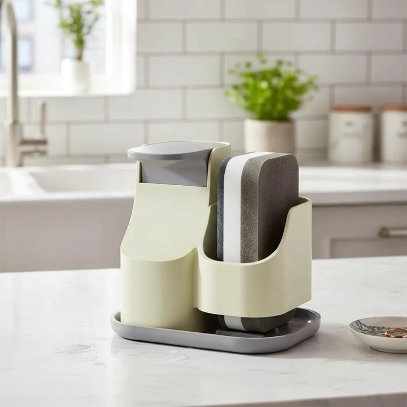 DISPENSADOR DE DETERGENTE CON SOPORTE PARA ESPONJA EN GRIS - 1