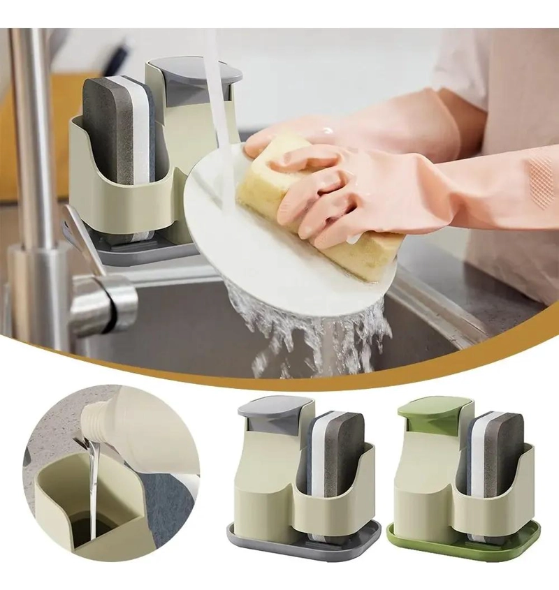 DISPENSADOR DE DETERGENTE CON SOPORTE PARA ESPONJA EN GRIS - 4