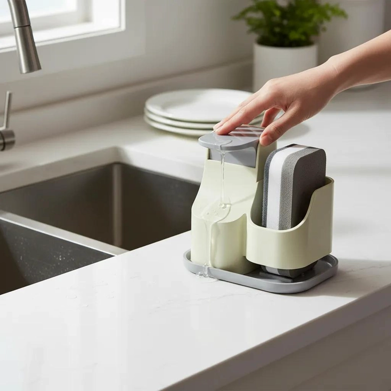 DISPENSADOR DE DETERGENTE CON SOPORTE PARA ESPONJA EN GRIS - 6