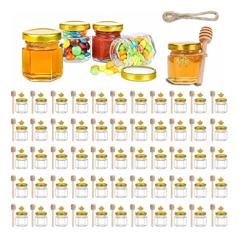 JUEGO DE 50 MINI TARROS DE VIDRIO HEXAGONALES PARA MIEL - 1