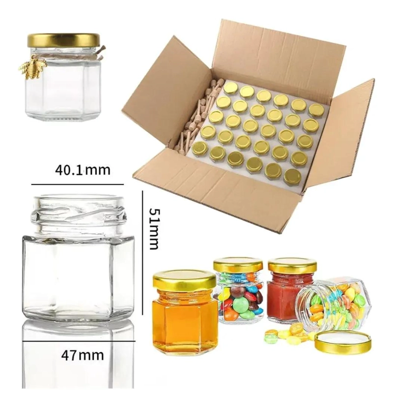JUEGO DE 50 MINI TARROS DE VIDRIO HEXAGONALES PARA MIEL - 2