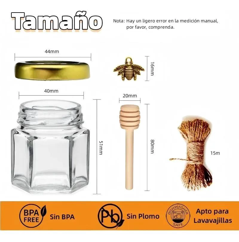JUEGO DE 50 MINI TARROS DE VIDRIO HEXAGONALES PARA MIEL - 9